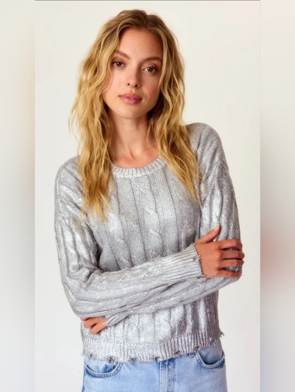J. Society Silver Coated Cable Knit Long Sleeve Sweater Size XS NWT MSRP $178